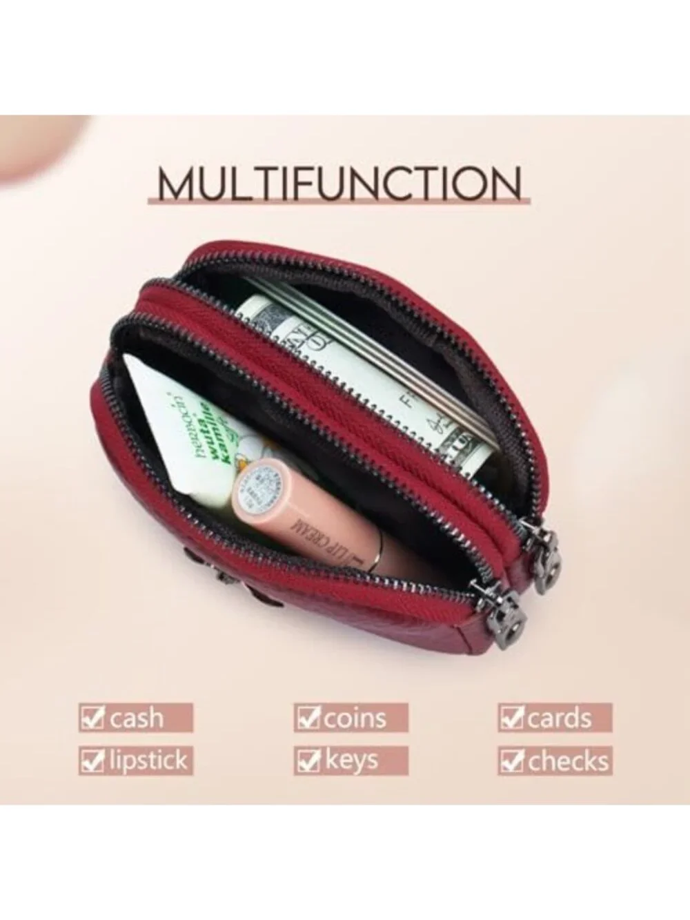 Stylish Red Leather Coin Purse | Small Wallet with Zippered Change Compartment